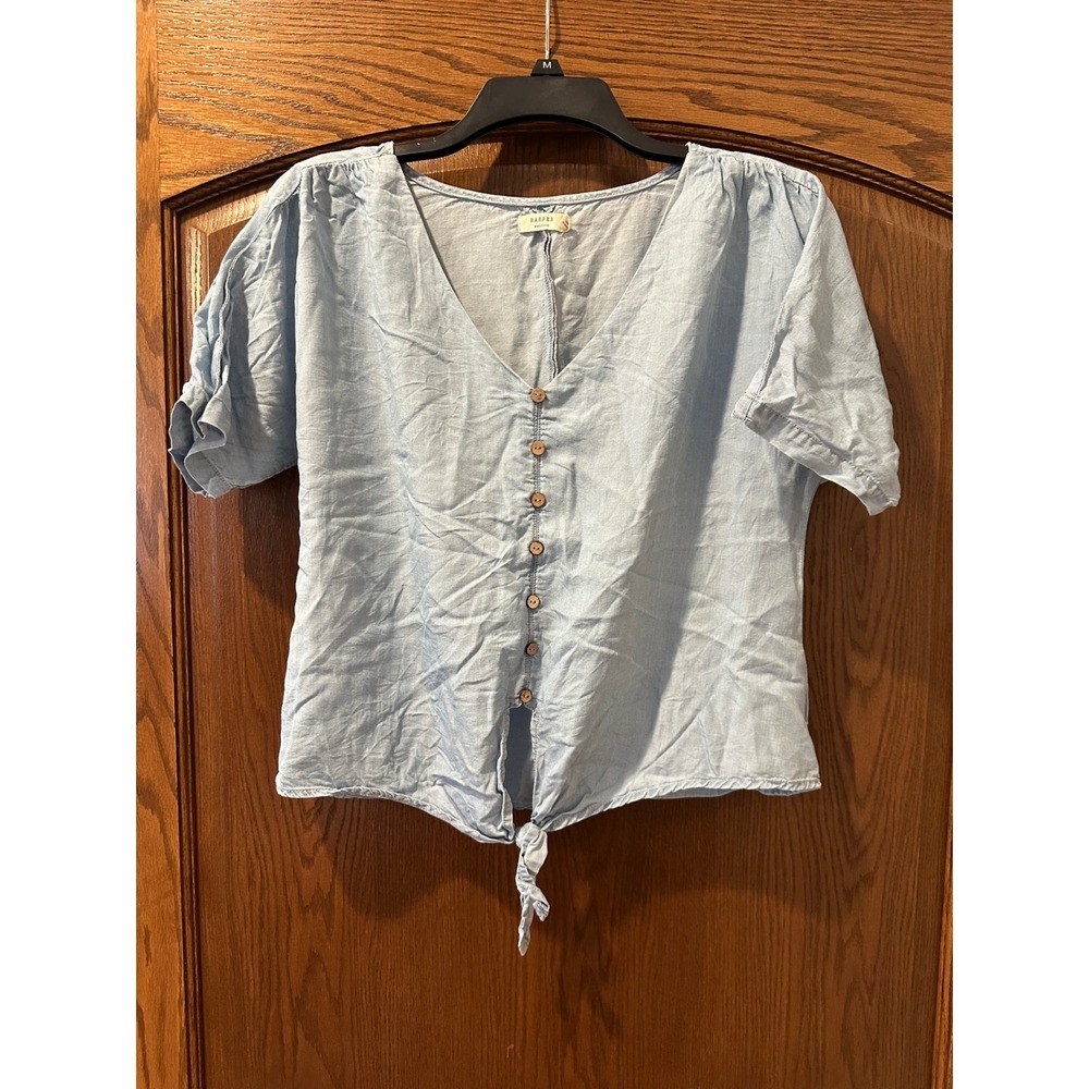 Harper Heritage Women's Chambray Button Down‎ Tie Front Short Sleeve Top